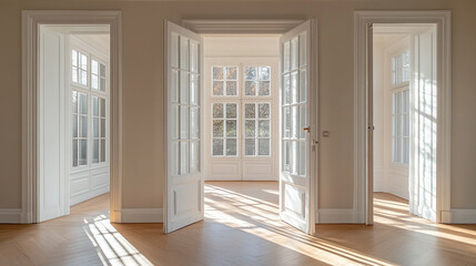 Bright and spacious interior with multiple doorways
