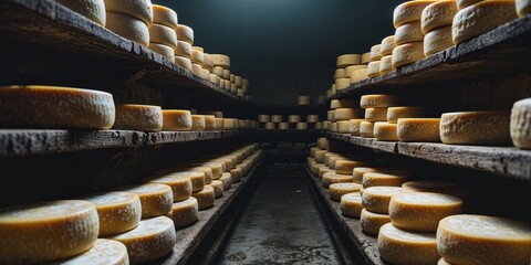 Fototapeta premium Rows of Aging Farmhouse Cheese on Wooden Shelves in Dark Storage