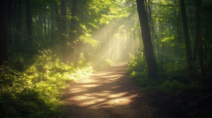 Sunbeams illuminate a forest path