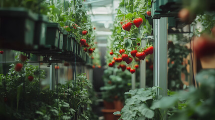 indoor farm with rows of hydroponic strawberries growing in suspended containers 
