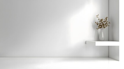 Minimalist Interior Space Featuring White Walls and Decorative Vase with Flowers on Shelf