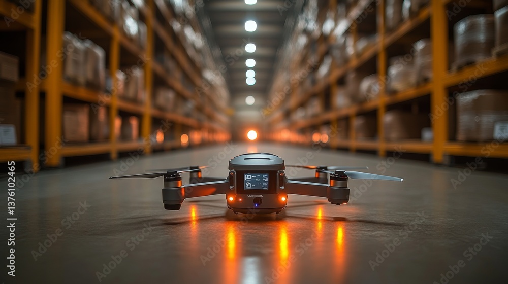 Poster a drone equipped for transportation is positioned in a warehouse aisle. automated technology enhance