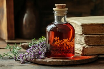 Glass bottle containing herbal tincture with fresh lavender and thyme and dried st. John's wort flowers, with old books in background