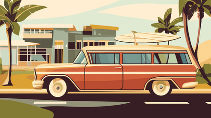 Retro family car on desert road with palms
