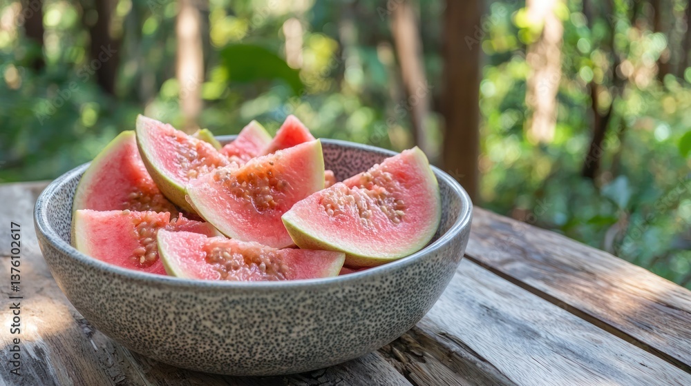 Poster a bowl of fresh pink guava slices on an outdoor picnic table with a forest backdrop.