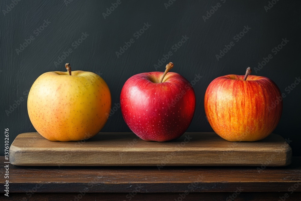 Poster three colorful apples are displayed on a wooden cutting board, creating a simple yet appealing still