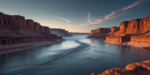 Fototapeta premium Majestic River Flowing Through Rugged Canyon Landscape at Dusk.
