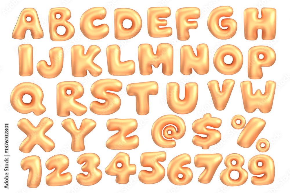 Poster 3d style vector of inflated glossy orange metallic alphabet and numbers on white background