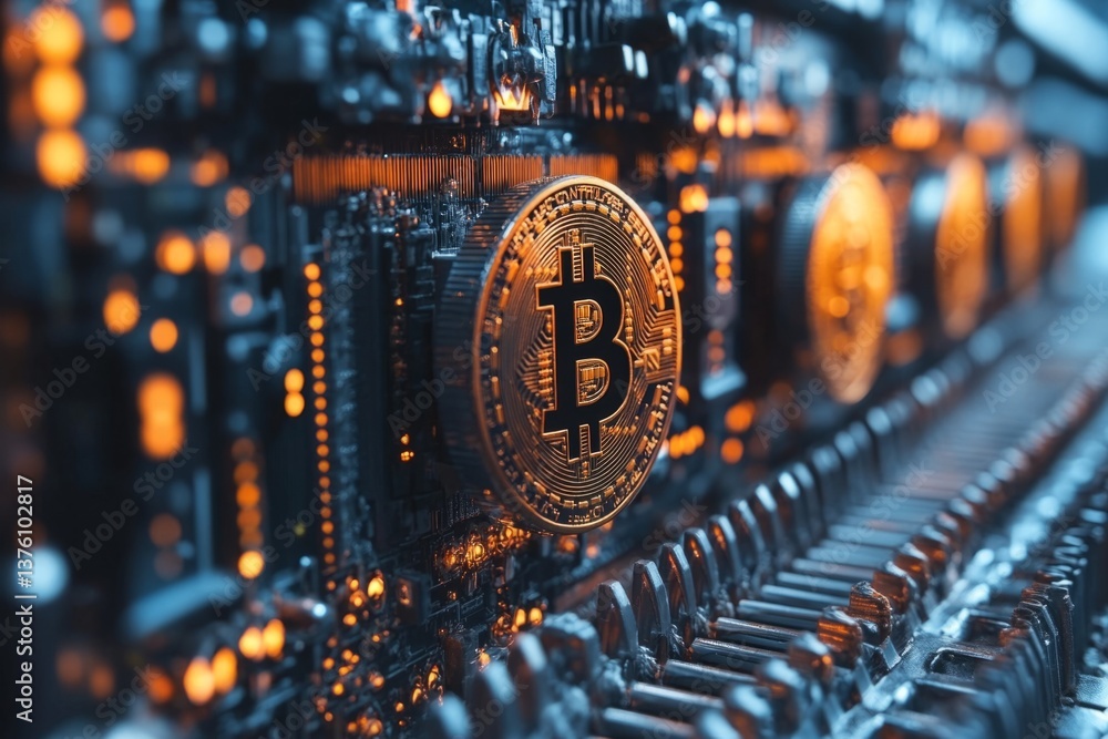 Poster golden bitcoin standing on a futuristic computer motherboard generating cryptocurrency