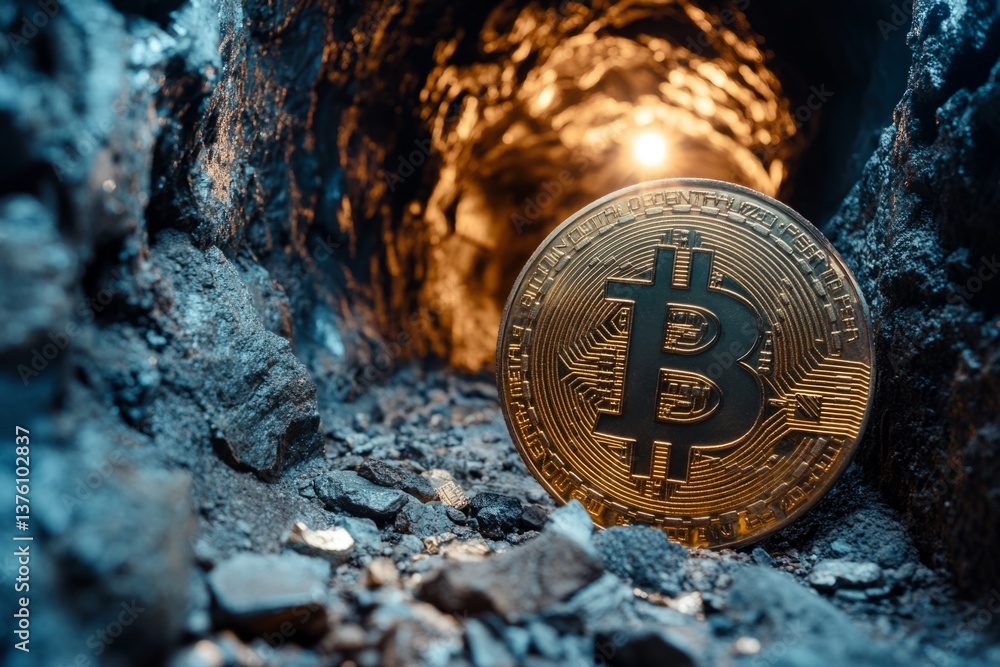 Aufkleber golden bitcoin inside a dark mining tunnel with light at its end, representing cryptocurrency mining