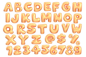 3d style vector of inflated glossy orange metallic alphabet and numbers on white background