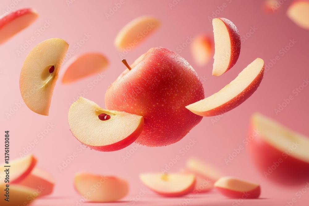 Poster fresh red apple and its slices floating on a vibrant pink background, creating a dynamic and appetiz