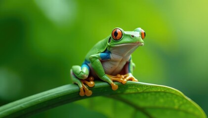 Green tree frog perched on white, vibrant skin, exotic, white background