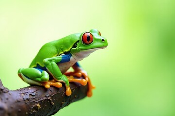 Naklejka premium Green tree frog perched on white, vibrant color , tropical, macro