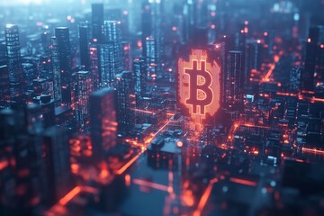 Fototapeta premium Bitcoin cryptocurrency symbol glowing above futuristic city at night, concept of digital finance and investment