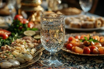 Crystal glass filled with vodka takes center stage amidst a spread of traditional russian appetizers, creating a scene of convivial dining