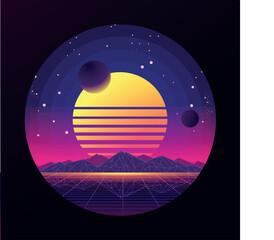 Neon Sunset Over a Digital Mountain Landscape. A futuristic and retro-inspired illustration of a neon-colored sunset with a grid-like mountain landscape.