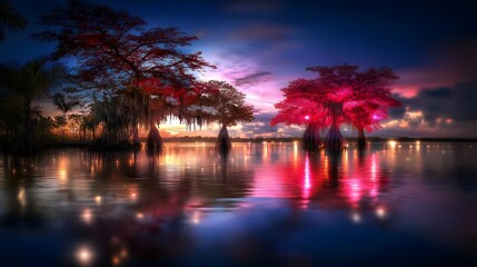 Naklejka premium Beautiful Mangrove Trees Reflecting Vibrant Colors in Still Water at Sunset