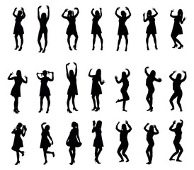 Fototapeta premium Silhouettes of Dancing Women in Motion. A set of black silhouettes depicting various poses of women dancing, expressing joy, movement, and rhythm.