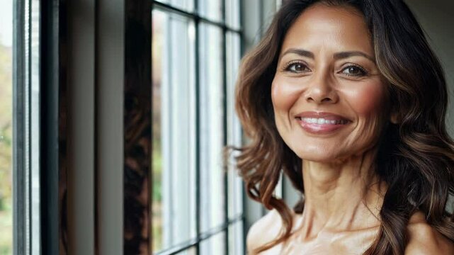 Warm sunlight illuminates a beautiful mature woman with long brown hair as she stands by a window, showcasing six different charming and expressive facial expressions