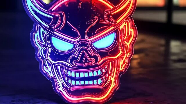 Neon oni mask. Glowing demon with horns, bright blue eyes and menacing smile shines on a dark, textured surface