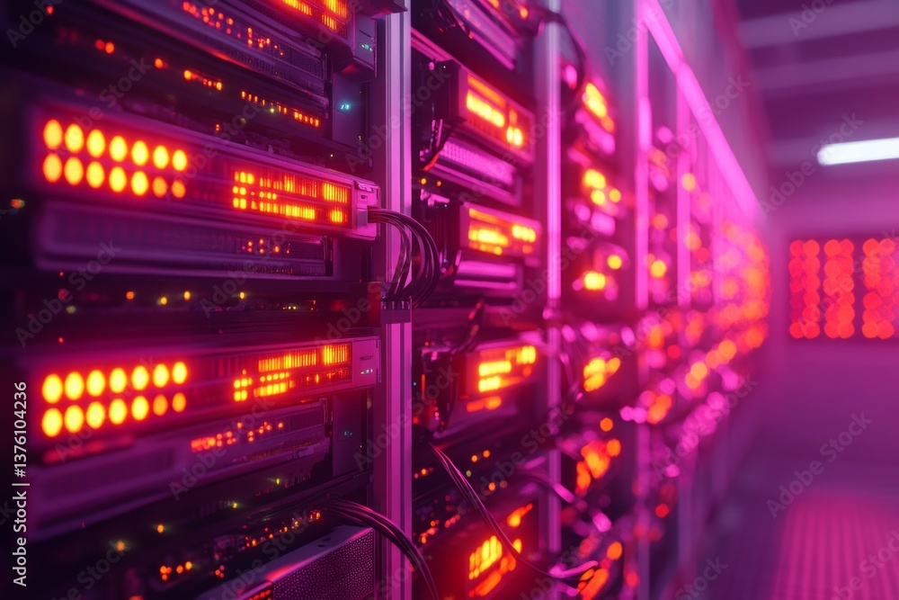Poster server racks blinking with red lights in a modern data center