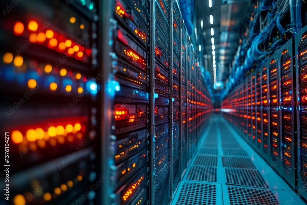 Poster perspective of a server room with blinking lights showing internet connectivity inside a datacenter
