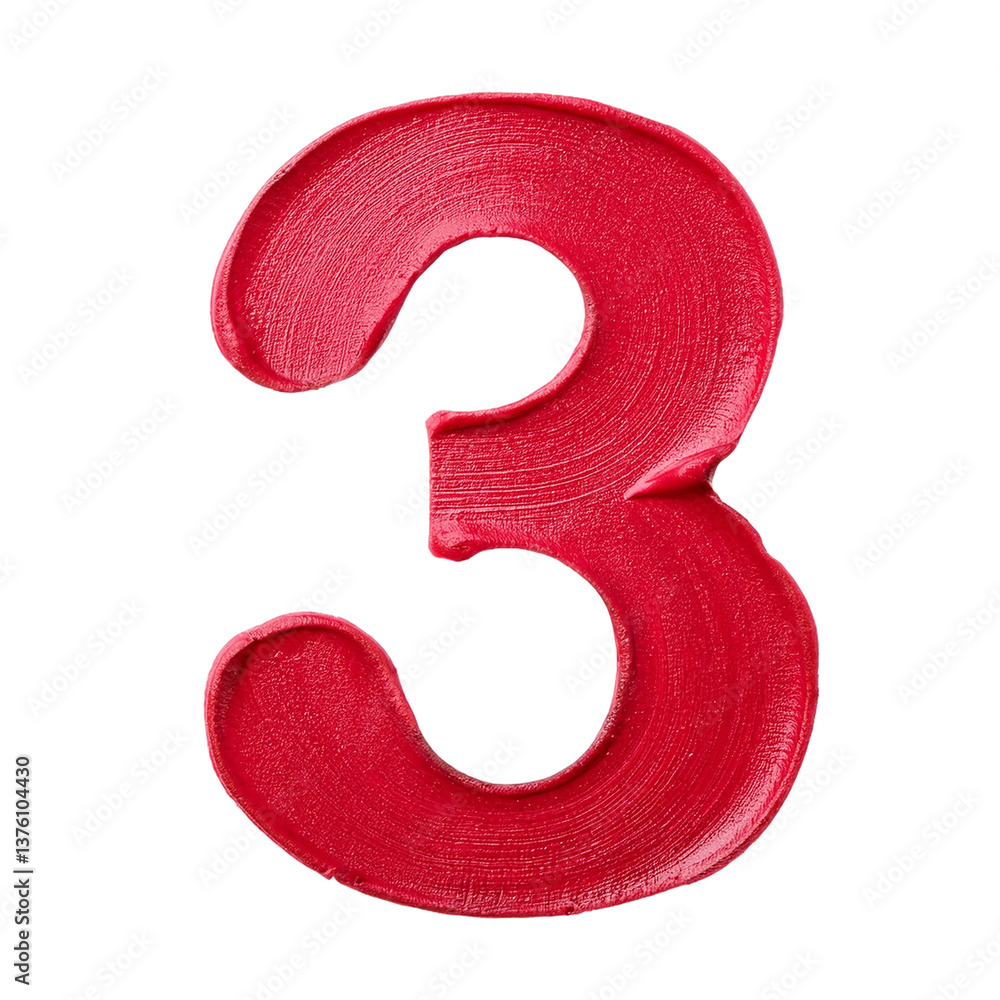 Poster a close-up image of the number 3 drawn using vibrant red lipstick. the texture of the lipstick is cl