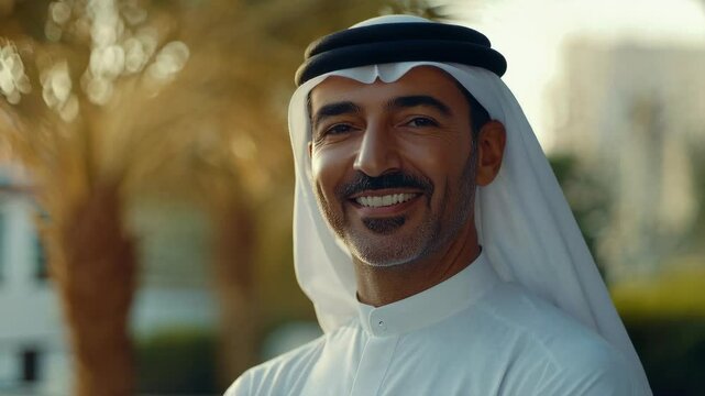 Emirati businessman wearing a traditional white kandura and ghutra smiles warmly in front of blurred palm trees and buildings, conveying confidence and hospitality