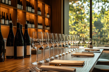 Wine bottles and empty wine glasses are lined up on a restaurant table, ready for a wine tasting experience