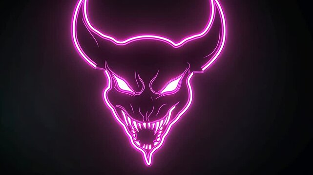 Neon-lit demon head with glowing eyes and sharp teeth against dark background. Eerie yet striking