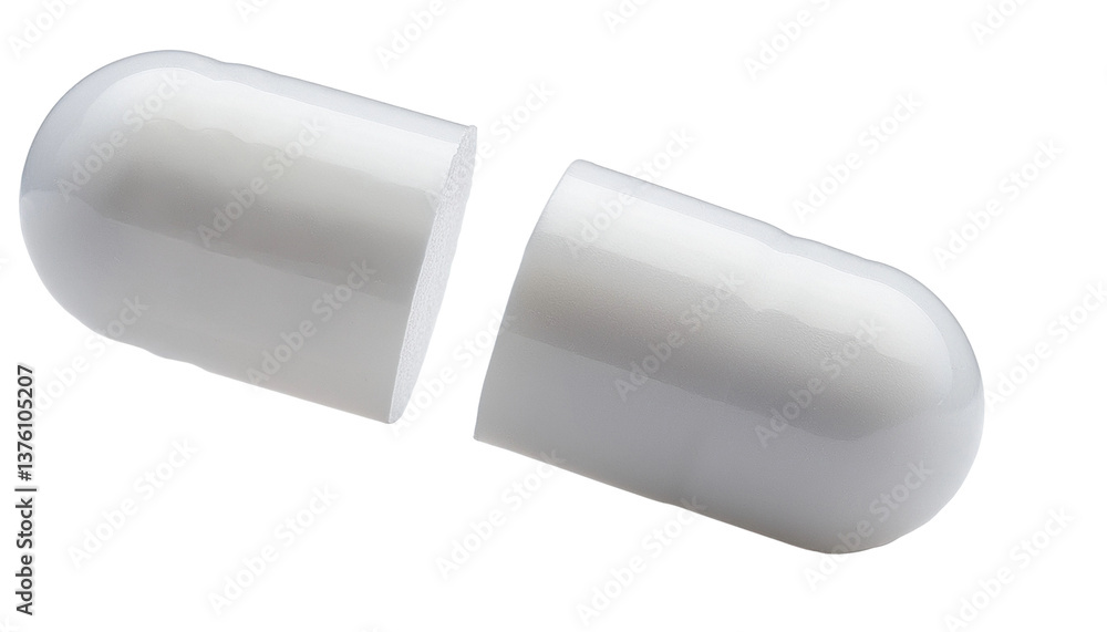 Poster a close-up view of a split-open white capsule, highlighting its form and texture. this image could b