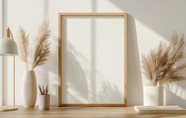 Frame Mockup on Desk with Pampas Grass and Lamp in Interior