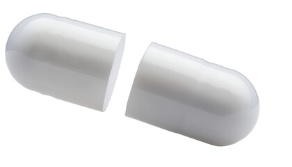 A close-up view of a split-open white capsule, highlighting its form and texture. This image could be used to represent health, medication, or medicine.