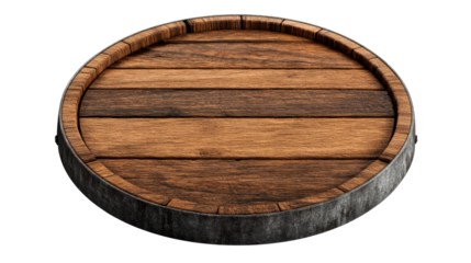 Wood barrel top rustic surface, isolated on black background, cut out transparent