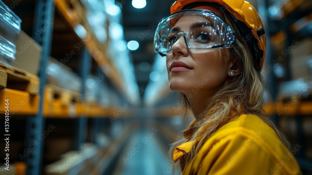 Poster in a well organized logistics center, a woman with safety goggles and a helmet observes the automate