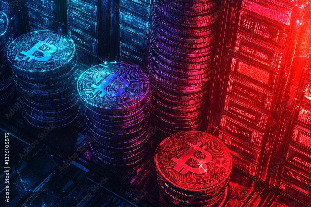 Poster stacks of bitcoin coins are growing on a server room floor with neon lights reflecting on them
