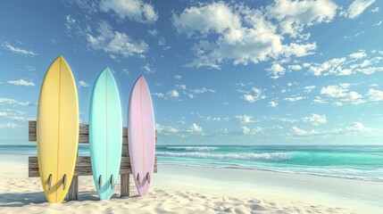 Pastel Surfboards on a Beach, Offering a Tropical Escape and Ocean Serenity