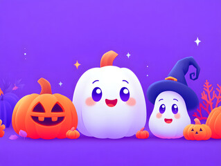 Halloween Ghost and Pumpkin Cartoon Illustration