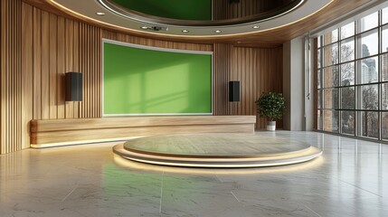 Modern virtual TV studio background with green screen, creative video setup