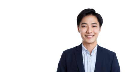a portrait of a smiling asian businessman in a professional setting. He's wearing a navy suit jacket and appears confident and approachable.