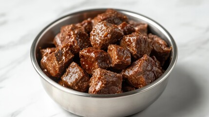 Delicious Stewed Beef Cubes in a Metal Bowl Close Up Food Photography