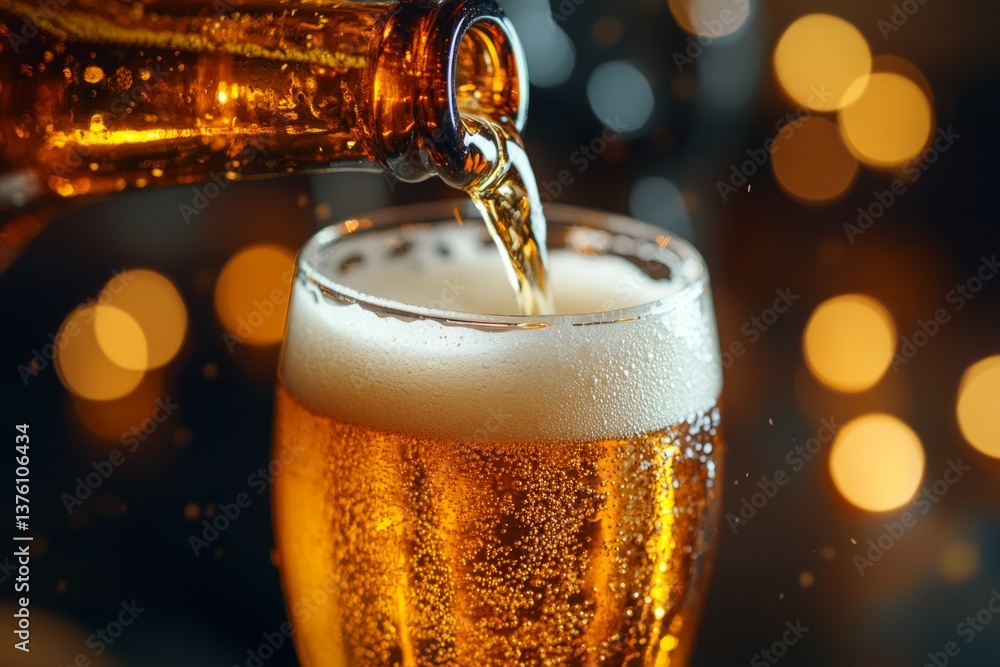 Poster cold beer pouring from bottle into glass with foam and bubbles on blurred bokeh background