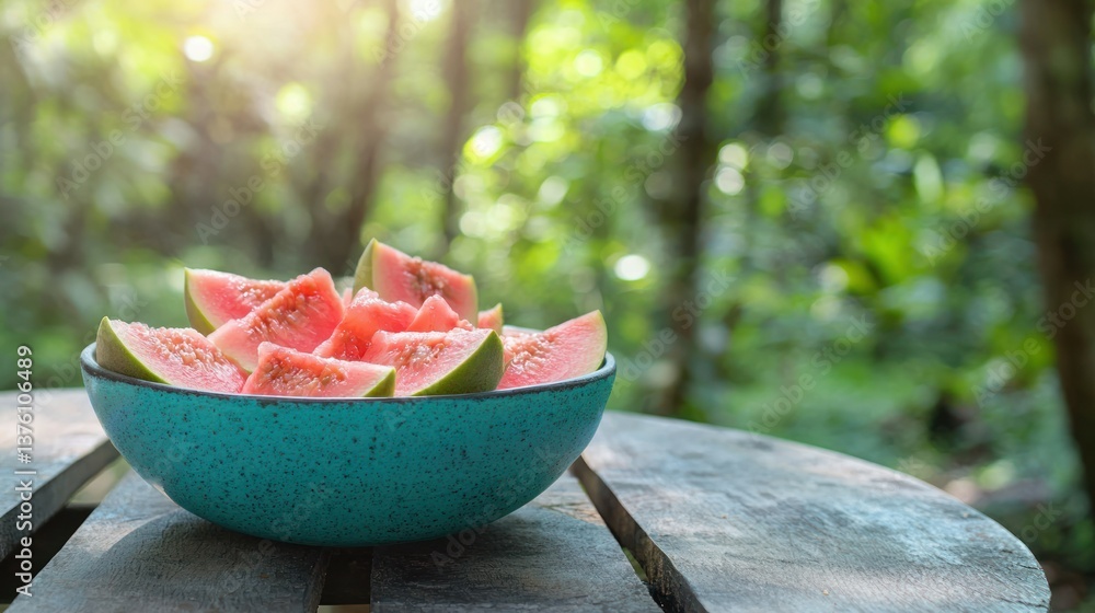 Poster a bowl of fresh pink guava slices on an outdoor picnic table with a forest backdrop.