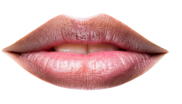 a close-up shot of a pair of beautiful lips. The lips are full and luscious, with a hint of gloss, revealing teeth