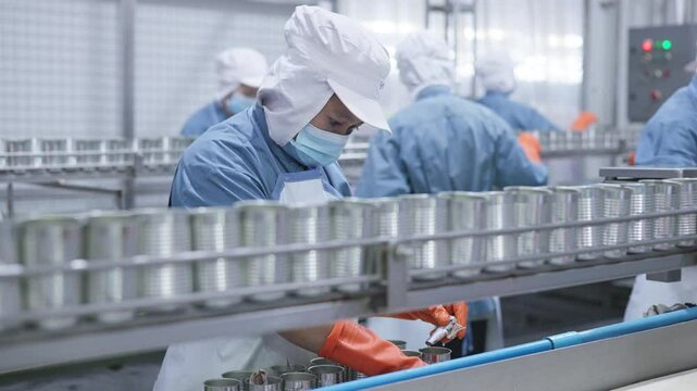 Workers processing fish in a canning factory