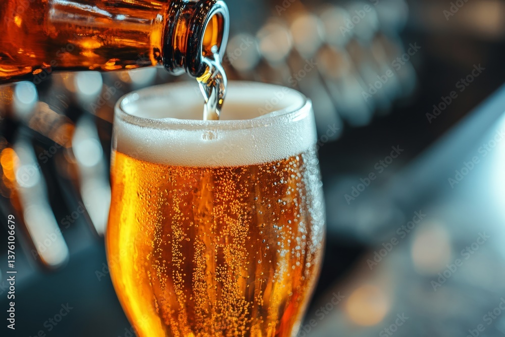 Poster glass of cold beer with foam being filled from bottle in bar with blurred background
