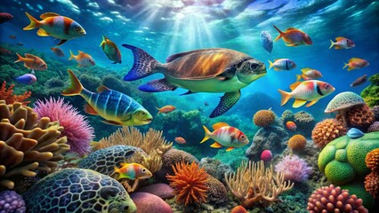 Obraz premium Vibrant Underwater Scene Showcasing a Diverse Array of Colorful Fish and Coral Reef Life
