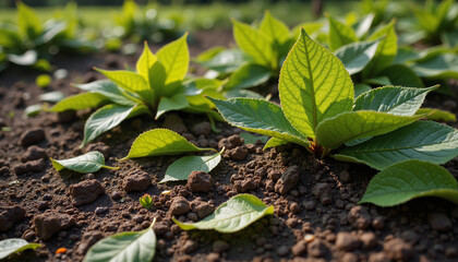 Naklejka premium Vibrant green leaves thriving in rich soil 
