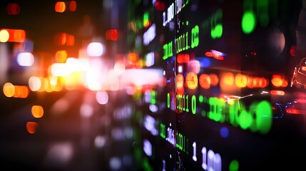 Colorful Display of Financial Data and Stock Market Trends at Night with Abstract Blurred Background